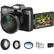 Oiexi 4K 48MP Digital Camera With 180 Degrees Flip Screen & 32GB Micro Card, 2 Batteries (Black)