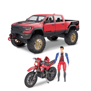 Motor Dayz Adventure Force Free Wheeling Dirt Bike Adventure Playset with Red Metal RAM 1500 Truck, Posable Action Figure, Helmet, and Motorcycle for Kids 3+