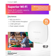 HPE Instant On AP22 Wireless Access Point, Dual-Band 802.11ax Wi-Fi 6, 2x2 MIMO, Power Adapter Included, White, R6M49A