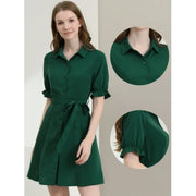 Unique Bargains 1EFNUC7V9L49 Women's Casual Shirt Dress, 100% Cotton, Tie Waist, Short Ruffled Sleeves, Dark Green