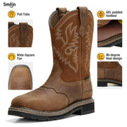 SMILIN AQX11 Steel Toe Work Boots for Men, Western Style, Brown Leather, Wide Square Toe, Oil and Slip Resistant Outsole, GEL Padded Footbed, 90-Degree Block Heel, Lace-Up, Size 13