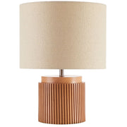 Beautiful by Drew Barrymore Black Faux Ribbed Wood Table Lamp, 14 in, Brushed Nickel Neck, Tan Linen Shade, Corded Electric