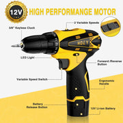 Hoey Cordless Drill Set, 12V Power Drill Set Electric Screwdriver Driver Tool Kit