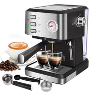 Bluebow CM3020 Espresso Machine 20 Bar, 1.5L Water Tank Pressure Gauge Milk Frother Steam Coffee Maker, Silver