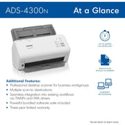 Brother ADS-4300N Professional Desktop Scanner, Fast Duplex 40 ppm, 80-Page Auto Document Feeder, Ethernet, White