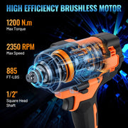 SPBTAR Cordless Impact Wrench Kit, 1200Nm High Torque Brushless Motor, 21V with Dual 4.0Ah Batteries, Charger, LED Work Light, 5 Sockets Set