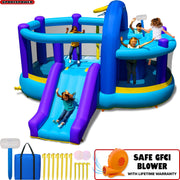 Sportspower Inflatable Bounce House with Slide, Whack-A-Play Game, Basketball Hoop, 550W Electric Blower, Blue Purple Yellow, INF-2415