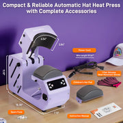Gochifix Automatic Hat Heat Press Machine, Purple, 2 Interchangeable Platens for Caps and Hats, Adjustable Temperature and Time Control