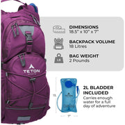 Teton Oasis Hydration Backpack, 18L Capacity, Plum Purple, Lightweight Water Pack with 2L Bladder, Sewn-in Rain Cover, Adjustable Straps, Ambidextrous Hydration Ports, 3218PL