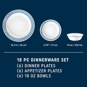 Corelle Laila 18-Piece Glass Dinnerware Set, Triple-Layer Chip Resistant Vitrelle, Blue Band Pattern, Service for 6, 1152253