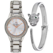 Jessica Simpson Women's 34mm Silver Tone Crystal Watch & Panther Bracelet Set