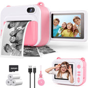 Aikidkit Kids Camera Instant Print, 2.4in Rotatable Flip Screen, 2MP CMOS Sensor, 1080p HD Video, Black-and-White Photo Printer, 32GB SD Card, Pink