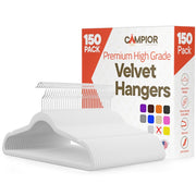 Campior Velvet Hangers, 150-Pack, Heavy-Duty 10 lbs Capacity, 360 Swivel Hook, Non-Slip White Velvet Finish, Space-Saving Design