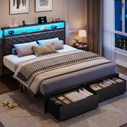 Isvyn Queen Bed Frame, Gray, 2-Tier Storage Headboard with LED Light and USB Ports, 2 Storage Drawers
