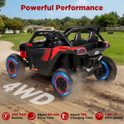 Wisairt 24V 4WD Ride On Car, Two-Seater, Remote Control, Bluetooth Music, LED Lights, 3 Speeds, Blue and Red