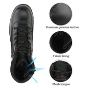 NORTIV8 Men's Military Tactical Work Boots, Leather and Breathable Fabric, Side Zipper with Hook-Loop Strap, Ankle-High, Black, 8in Shaft