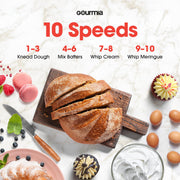 Gourmia 5 Quart 10-Speed Electric Stand Mixer with Bowl Shield, Dough Hook, Beater, Whisk, Grey, GSM408