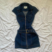 Elegantia Goods Sleeveless Denim Dress, Fitted Waist, Slim Fit, Dark Blue, Mid-Length