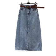 Ctreela Women's High Waisted Denim Midi Skirt with Front Slit