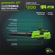 Greenworks 2429902 60V 630 CFM 170 MPH Leaf Blower with 2.5 Ah Battery & 3 Amp Charger