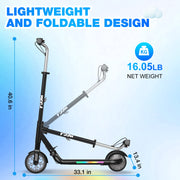Mega Motion ME1 Electric Scooter for Kids, Foldable Aluminum Frame, Adjustable 3-Speed Motor, LED Lights, Rear Fender Brake, Black