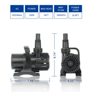 OYO WATER 1800GPH 100W Submersible Pond Waterfall Pump with 32.8FT Cord and Barrier Pump Bag
