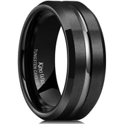 King Will Classic 8mm Black Tungsten Carbide Wedding Band Ring for Men, Silver Grooved Center - Matte Brushed Finish