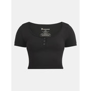 No Boundaries Women's Seamless Scoop Henley Tee, Slim Fit, Black Soot, Short Sleeve, Cropped Hem