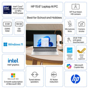 HP 15.6 Inch Laptop, Intel Core Ultra 5 225U Processor, 8GB DDR5 RAM, 512GB SSD, Full HD Touchscreen, Windows 11, Silver, 15-fd2050wm