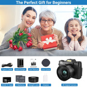 Saneen Compact Digital Camera, 6K Video, 64MP Photos, Wi-Fi Enabled, 3-Inch 180 Flip Screen, 16X Digital Zoom, Detachable 52mm Lens, Black, WX02