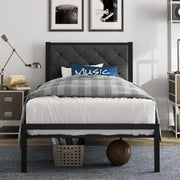 Amolife 1015038-1 Twin Size Metal Bed Frame With Upholstered Headboard, Dark Grey