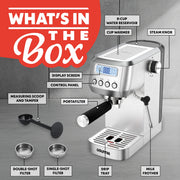 Gourmia Slim Espresso Machine, 20-Bar Italian Pump, LCD Display, Milk Frother, 1350W, Stainless Steel, GCM3110