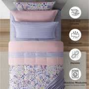 Mainstays 14-Piece College Dorm Essentials Bundle, Reversible Purple Floral and Pink Comforter Set, Twin-XL