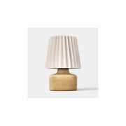 Room Essentials 94706509 Mini Faux Wood Table Lamp, Brown Faux-Wood Finish, Fluted Drum Shade, Inline Rotary Switch
