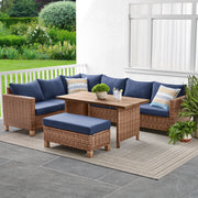 Better Homes & Gardens Brookbury 4-Piece Wicker Patio Sectional Dining Set with Navy Cushions, Cushioned Storage Bench, Dining Height Coffee Table