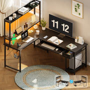 KKL Reversible L-Shaped Gaming Desk with Power Outlets, LED Lights, Storage Drawer & Keyboard Tray