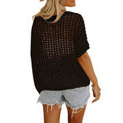 Shine Up Crochet Beach Coverup, Womens Short Sleeve Blouse, Knit Hollow Out, Black
