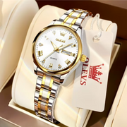 OLEVS OLS5563 Ladies Wrist Watch, Luxury Quartz Analog, Gold Stainless Steel Band, Scratch-Resistant Mineral Crystal, Date and Weekday Display, Water Resistant 100 ft, 29mm