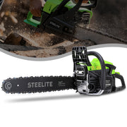 Steelite Gas Chainsaw, 62CC 2-Stroke Petrol Engine, 20-Inch Guide Bar, Handheld Cordless Design, Green