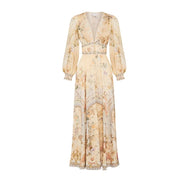 Women Printed V Neck Chiffon Dress, Long Sleeve Puff Sleeve Ruched Waist Dress
