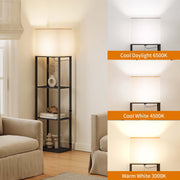 SUNMORY Large Floor Lamp with 4-Tier Wood Shelves, 9W LED Bulb with 3 Color Temperatures, Off-White Fabric Shade, Modern Design for Bedroom Living Room Office