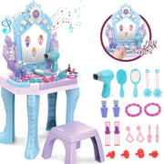 JoyStone Toddler Makeup Table with Mirror and Chair, Kids Makeup Vanity Set with Lights, Music Sounds, Accessories, and Blowdryer, Blue