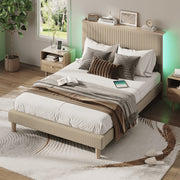 Bestier Full Platform Bed Frame with Adjustable Storage Headboard Shelf, Taupe Corduroy Upholstery, RGB LED Lighting, Supports 1100 lbs