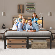 NISIEN Queen Size Bed Frame with LED Storage Headboard, RGB Lights, Charging Station, Metal Platform, Black