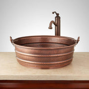 20 Gauge Copper Bucket sink with band and wired copper Handle - Hammered Copper Antique Finish - 13 3/4