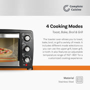 Complete Cuisine Toaster Oven, 20-Liter Capacity, 4 Cooking Modes, Stainless Steel, 1800W, 6-Slice