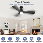 Depuley 42-Inch Low Profile Flush Mount Ceiling Fan with Dimmable LED Light, Black 3-Blade, Remote Control, Ultra Quiet DC Motor, Timer, Indoor Outdoor