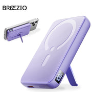 Breezio Magnetic Wireless Power Bank, 12000mAh, Fast Charging 15W Wireless, USB-C 20W PD, USB-A 22.5W QC, Built-in Kickstand, LED Display, Compatible with iPhone 13-17, Light Purple, W16