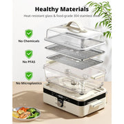 AIRMSEN TL-1230 Glass Food Steamer, 8.5QT 2-Tier Stainless Steel Trays, 1200W Fast Heating, Off White