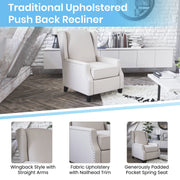 Flash Furniture Prescott Push Back Recliner Chair, Slim Wingback Design, Cream Polyester Upholstery with Nailhead Trim, 61 in